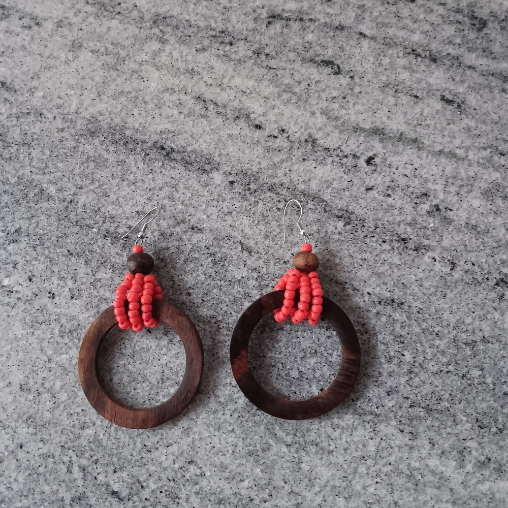 Handcrafted Wooden Hoop Earrings with Red Beads NWOT